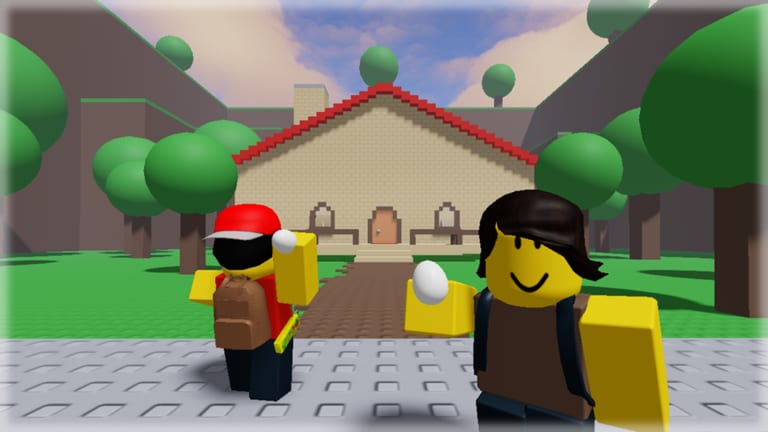 Sam and Billy hold eggs in front of Kevin's house in Egg Kevin's House on Roblox